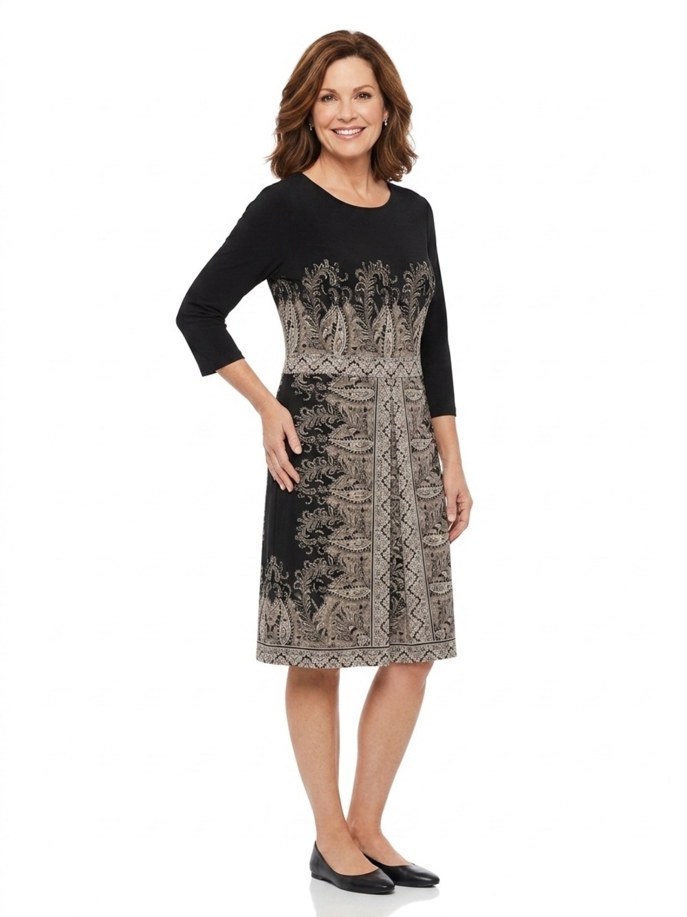 J. Jill Wearever Collection Black Paisley Border Print Sheath Dress 3/4 Sleeve1X